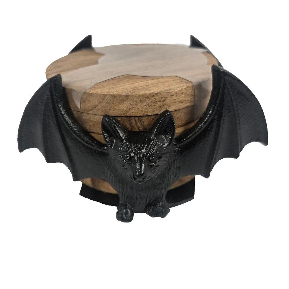 Spooky Hollow Bat Coaster Set Unisex OS Black New Gothic Wood Halloween Decor